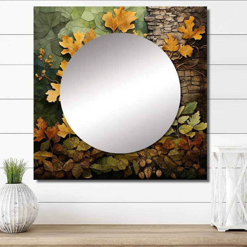 Designart "Green Oak Tree Whispers Of History IV" Tree Oak Wall Mirror - Floral Square Mirror For Bathroom