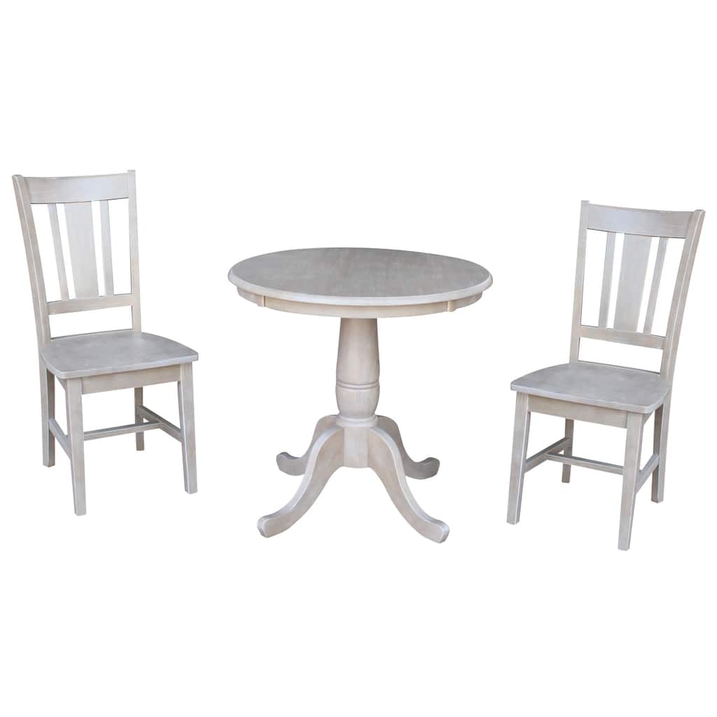 Solid Wood Round Pedestal Dining Table and 2 San Remo Chairs in Washed Gray Taupe