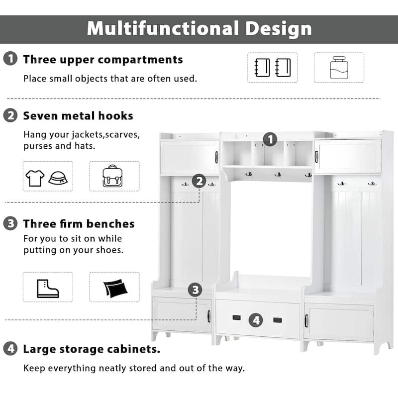 Modern Hall Tree with Bench, Hanging Shelf and Storage Cabinets and Coat Rack