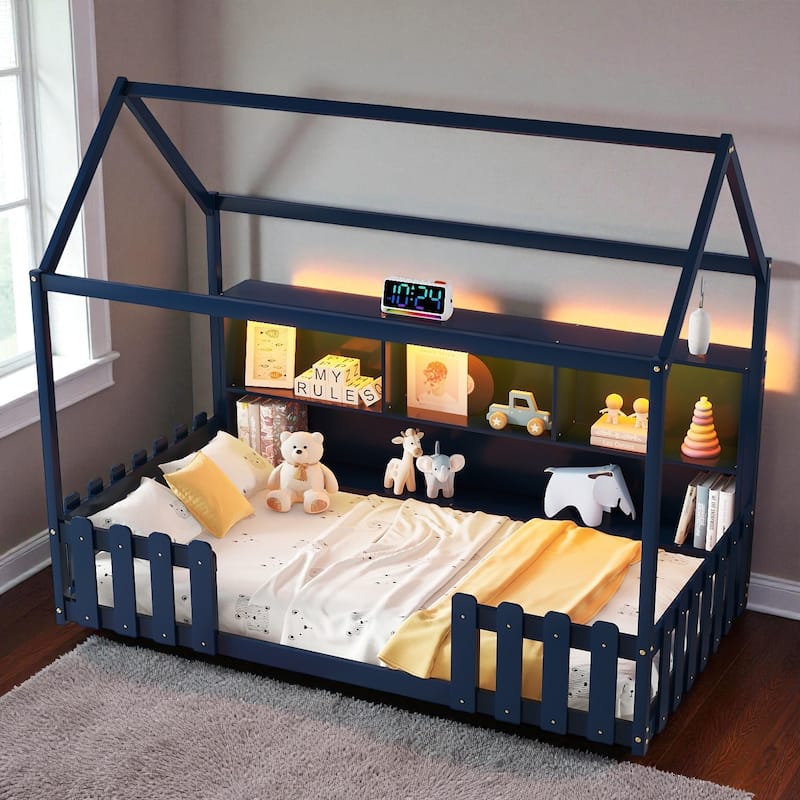 Twin Size Wooden House Bed with LED Light and Storage Bookshelf, Low Floor Kids Bed Frame with Guardrails