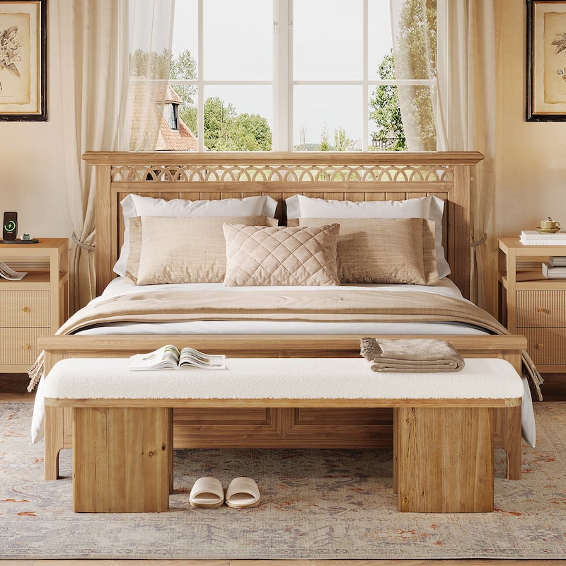 59.05-Inch Solid Wood Entryway Bench, Modern Upholstered End of Bed Bench, Long Ottoman for Bedroom, Entryway