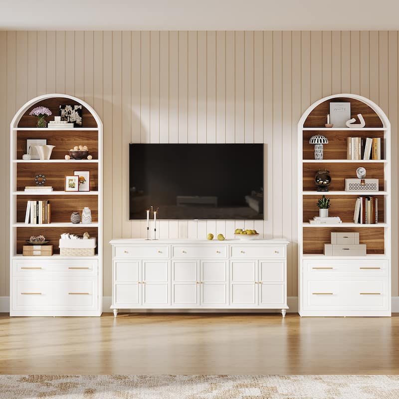 5-Tier White Arched Bookshelf with File Cabinet Drawer, 76.8" Tall Freestanding Wooden Bookcase