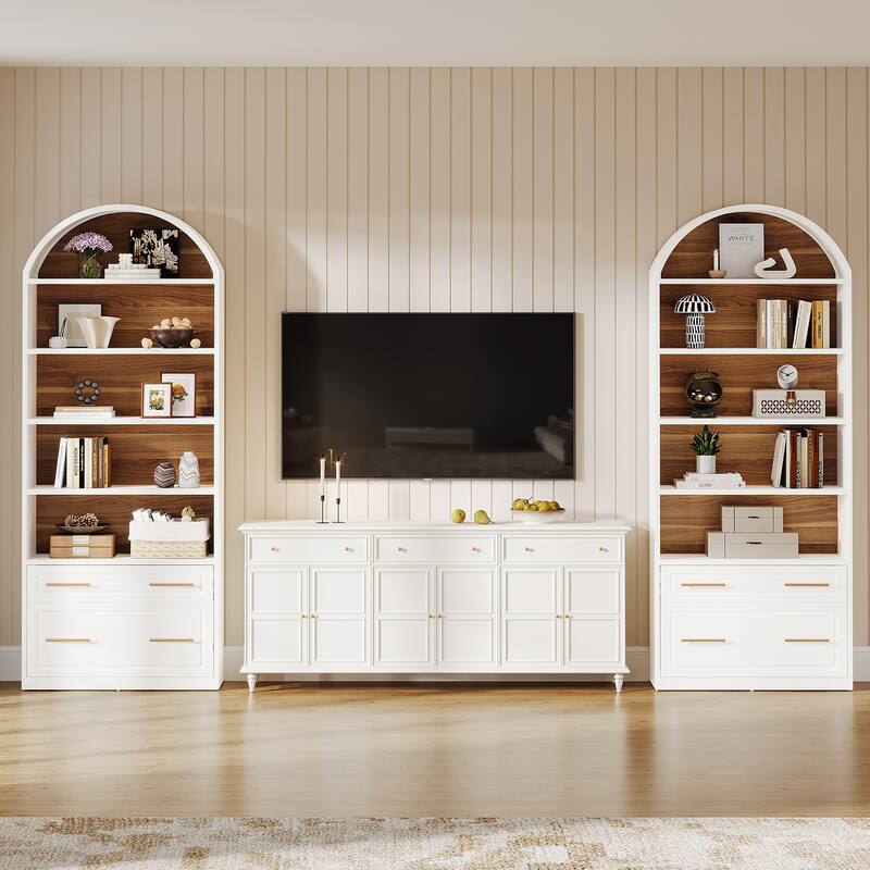 76.8" Tall Arched Bookcase, 5-Tier Modern Bookshelf with File Cabinet Drawer