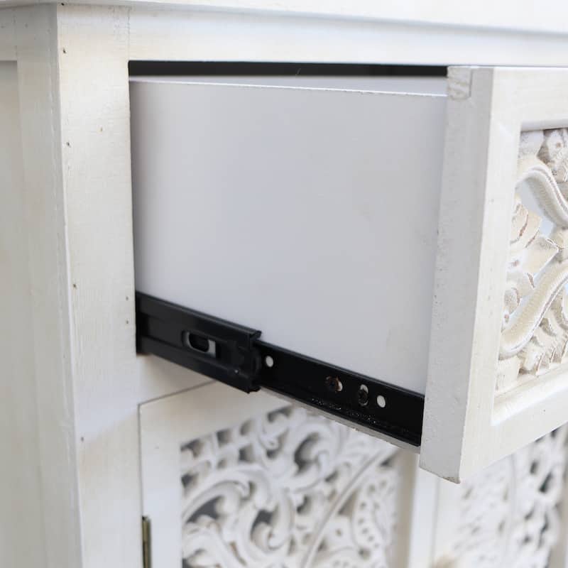 Rustic Hollow-Carved Wood Storage Cabinet with 1 Drawer and 2 Doors, Antique White, 31" H - 27.6" x 13.8" x 31"