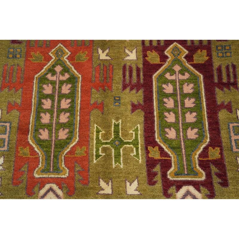 Hand Knotted Oriental 100% Wool Carpet Traditional Geometric Green Kazak Area Rug - 11' 10'' X 8' 11''