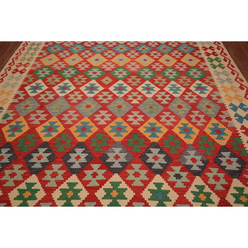 Geometric Kilim Orange Area Rug Hand-Woven Wool Carpet - 8'3" x 11'3"