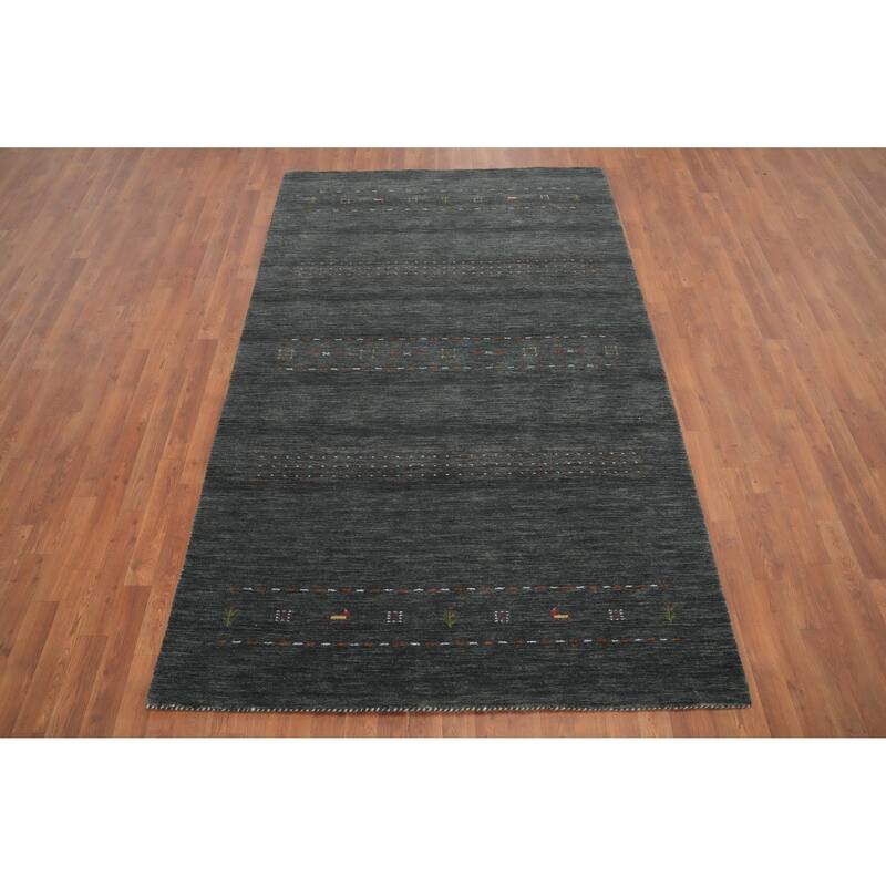 Hand Knotted Oriental 100% Wool Carpet Tribal Animal Pictorial Greys & Charcoal Gabbeh Area Rug - 8' 2'' X 5' 2''