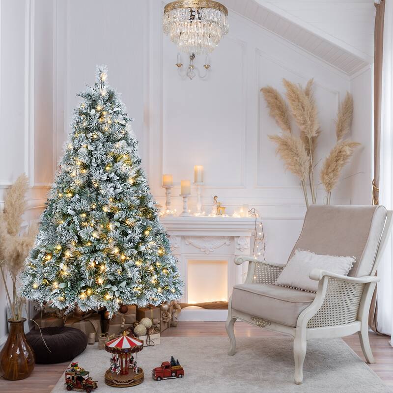 4FT Prelit Flocked Christmas Tree with Pine Needles&Eucalyptus Leaves,150 Warm White LED Lights,404 Tips,Metal Stand - White+Green