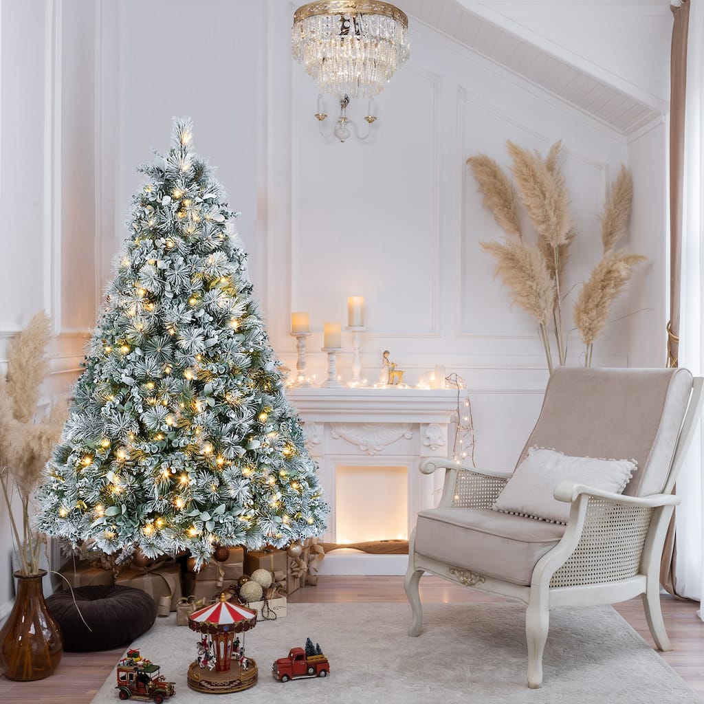 Pre-Lit Flocked Christmas Tree - Pine Needles, Eucalyptus Leaves, Warm White LED Lights, Hinged Branches - White+Green