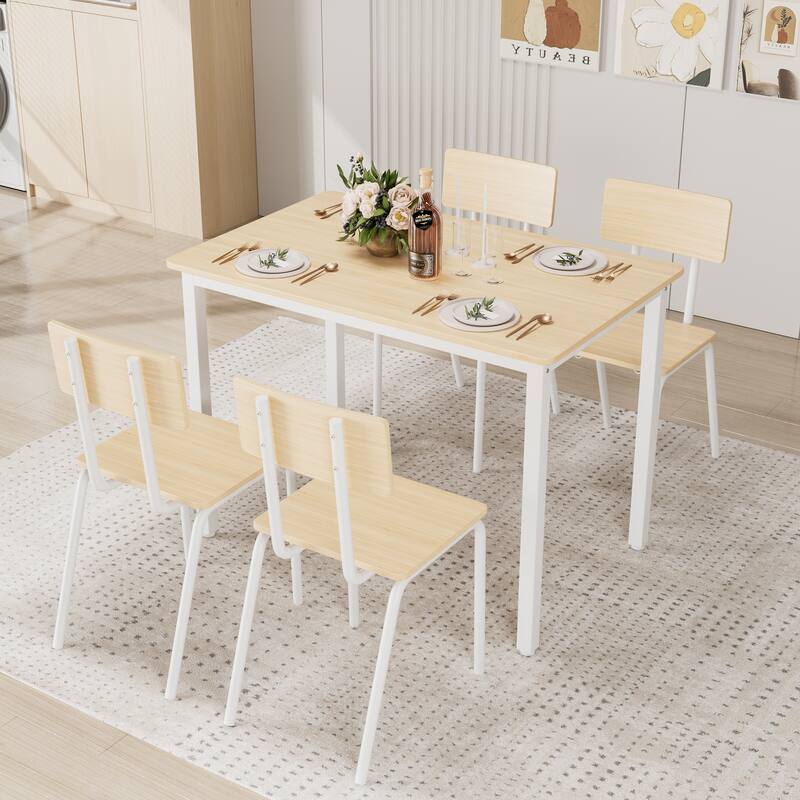 5 Piece Dining Table Set with 4 Chairs, Kitchen Table & Chairs Set, Rectangular Dinette Set with Backrest and Metal Frame