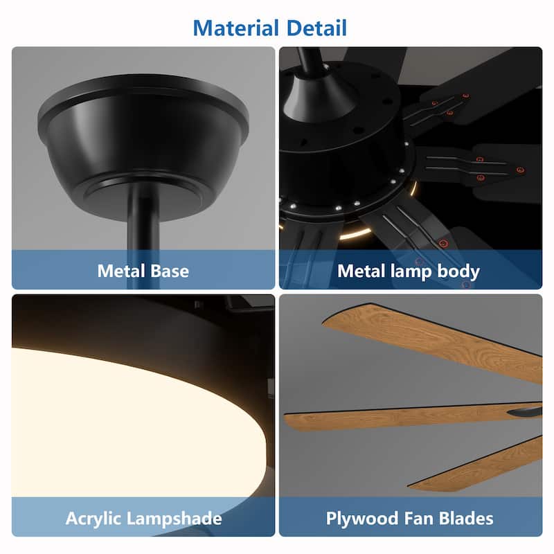 52 Inch Ceiling Fan with Lights and Remote Control, 8 Plywood Blades, 6-Speed Noiseless Reversible DC Motor