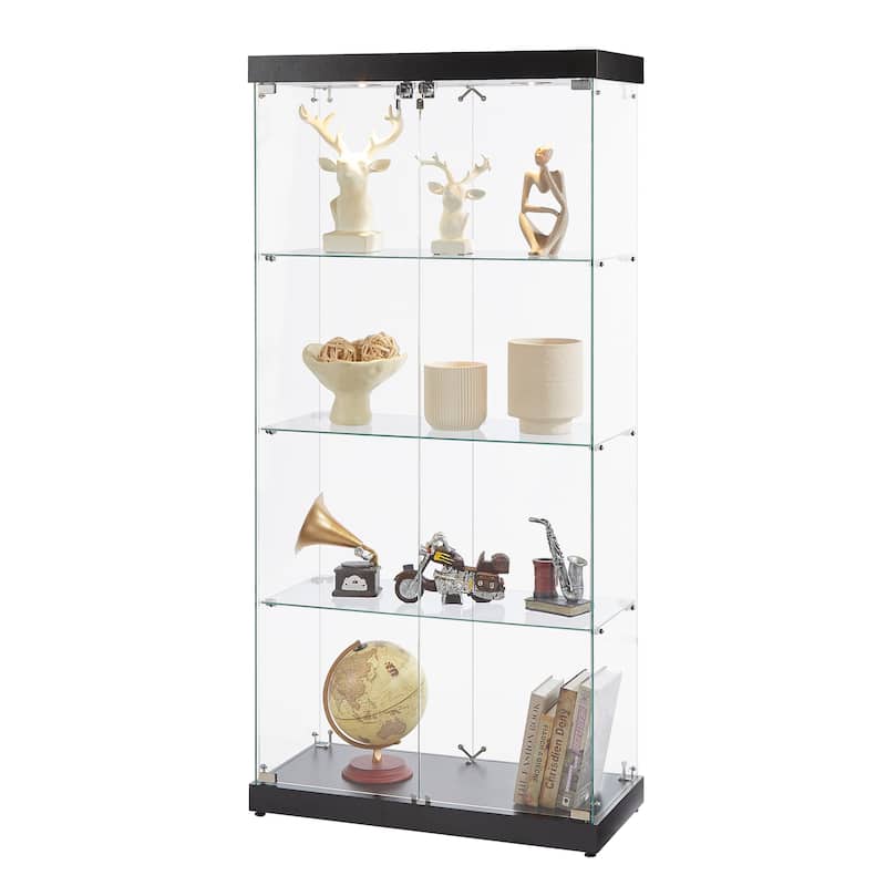 4-Tier Glass Display Cabinet, Double Door Glass Cabinet, Four Partitions, Two Locks, Floor Standing Storage Cabinet