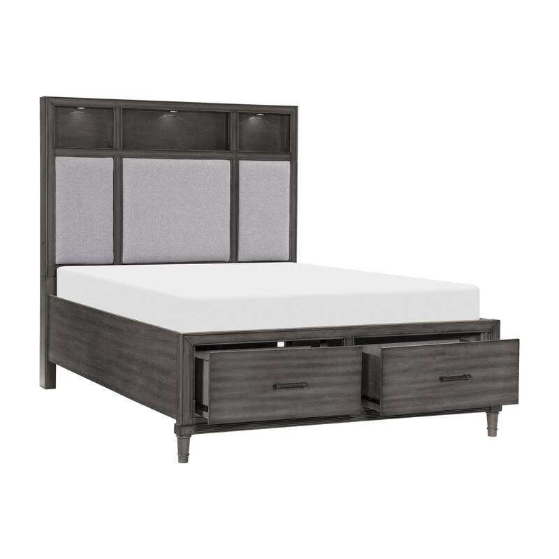 Celia Queen Platform Bed, 2 Drawers, Shelves on Headboard, Pebble Gray