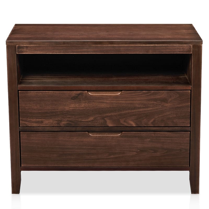 Brown Mid-Century Modern Nightstand 2 Drawers Upper Shelf P2 Density Board Solid Wood Veneer 29 inches 1 piece