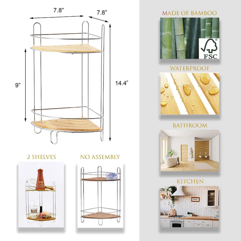 Corner Bathroom Organizer Storage Tower 3 or 2 Shelves Bamboo Black Metal