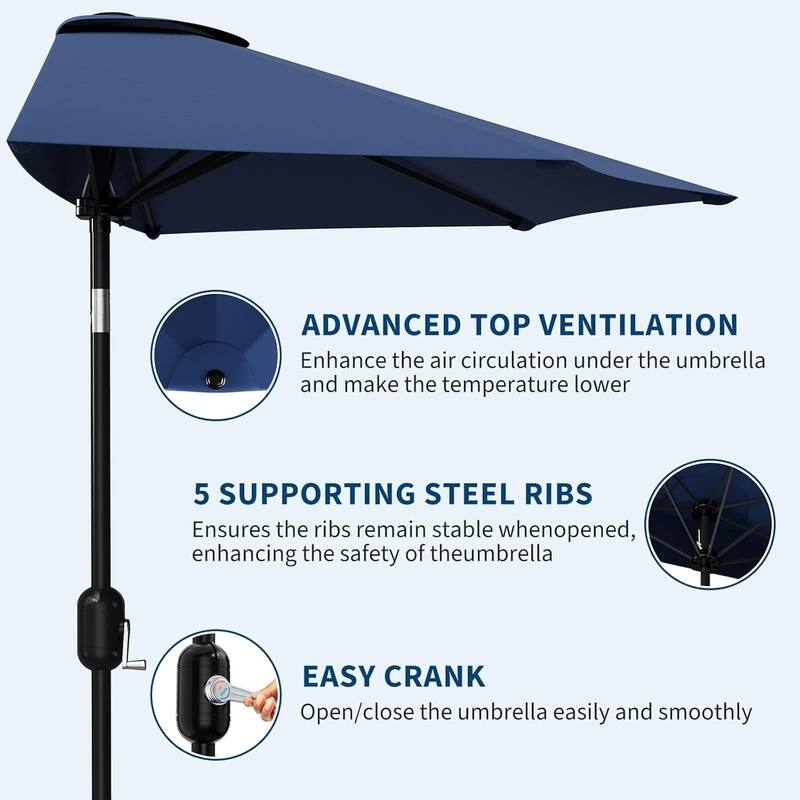 9FT Half Patio Umbrella with Smooth Crank Lift, Shade Canopy for Patio, Backyard, Garden (No Base)