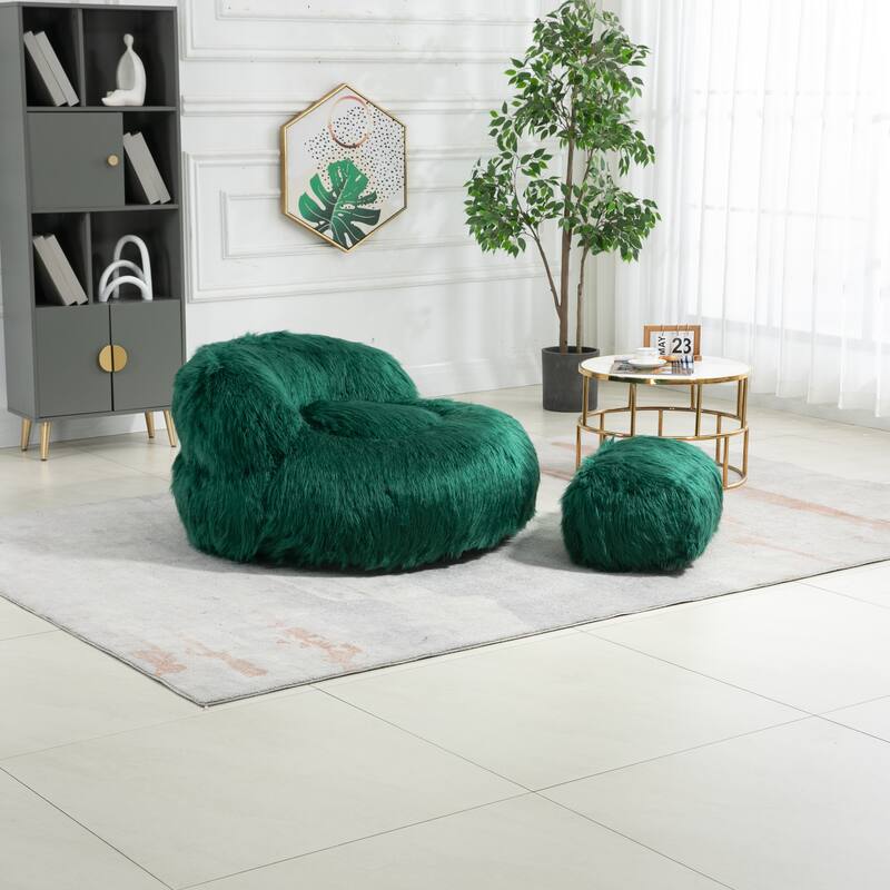 Fluffy Bean Bag Chair with Ottoman, Comfy Bean Bag Lounger for Adults and Kids, Ultra Soft Lazy Sofa Chair with Memory Foam