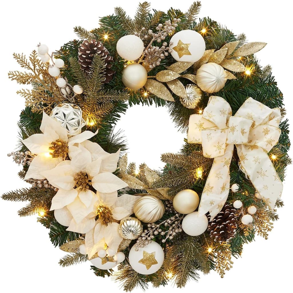 24 inch Pre-Lit Christmas Wreath with Lights Battery Operated Lighted Xmas Door Wreath with Ball Ornaments and Pincone - N/A