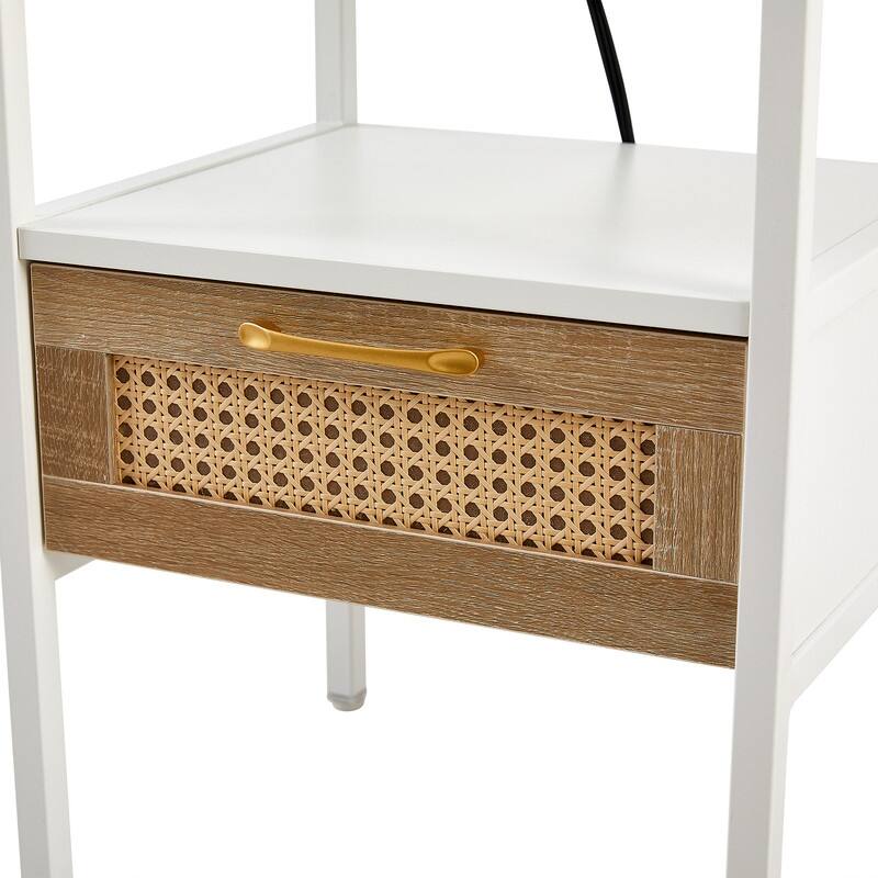 15.75" Modern Rattan End Table with Charging Station Nightstand with Drawer Metal Legs Side Table