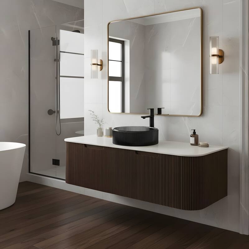 Wall Mounted Bathroom Vanity with Transparent Black Round Glass Basin