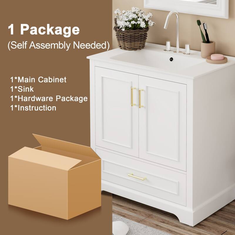 Bathroom Vanity with Ceramic Sink, Freestanding Storage Cabinet with Double Shelf, 1 Divider Drawer & 2 Soft-close Doors