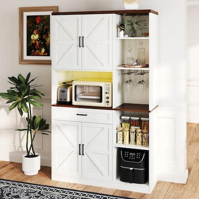 Multifunctional Kitchen Pantry Sideboard with Cabinet and Drawer, Glass Holder, Microwave Stand with Charging Station