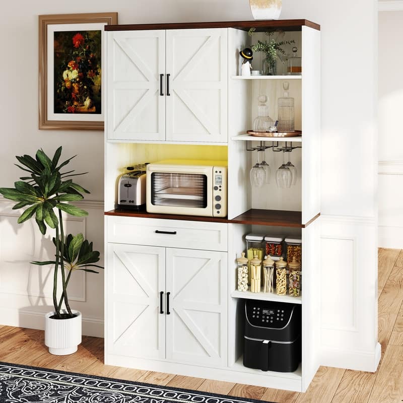 Multifunctional Kitchen Pantry Sideboard with Cabinet and Drawer, Glass Holder, Microwave Stand with Charging Station