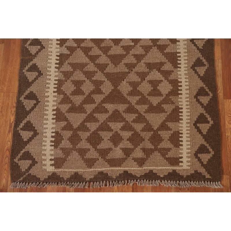 Flat-weave Kilim Rug Oriental Brown Wool Carpet - 3'1" x 5'1"