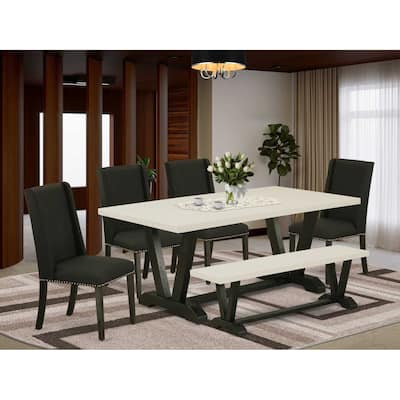 HomeStock 6-Pc Rectangle Natural Oak Finish Solid Wood Top Dining Table with 1 Bench, 4 Chairs
