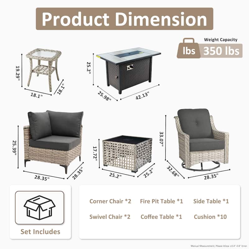 OVIOS 7 Pieces Outdoor Wicker Furniture Set With Solar-Powered Coffee Table&Fire Pit