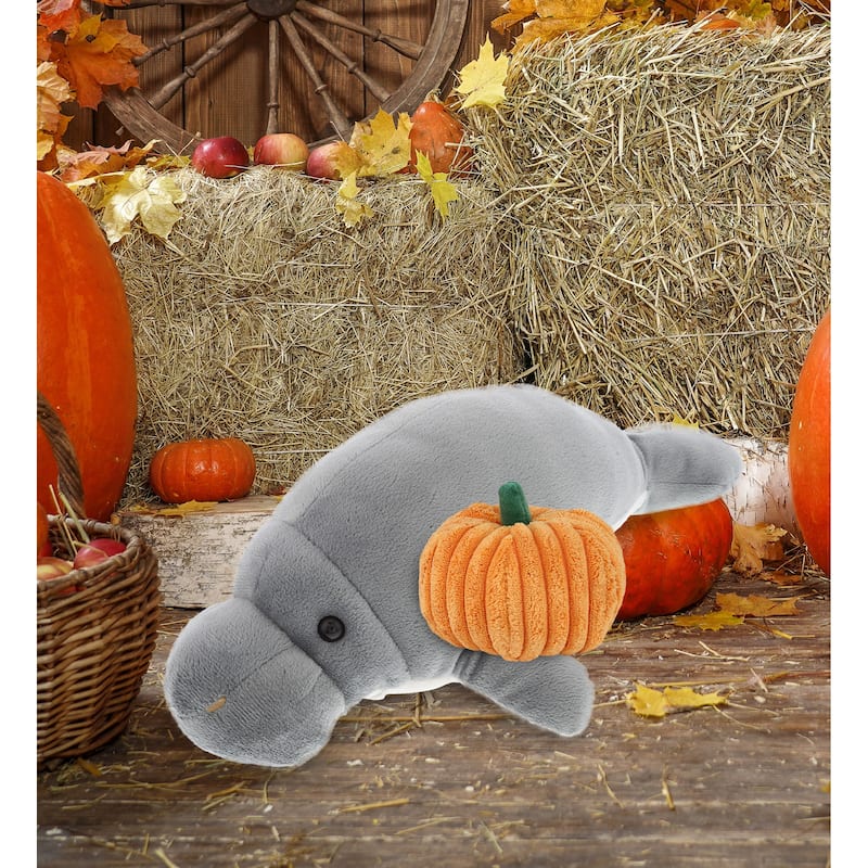 DolliBu Wild Collection Grey Manatee Stuffed Animal with Pumpkin Decor - 9 inches
