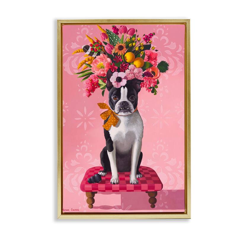 Stupell Bulldog & Pink Bouquet Framed Floater Canvas Wall Art Design By Heather Gauthier - 17 x 25 - Gold