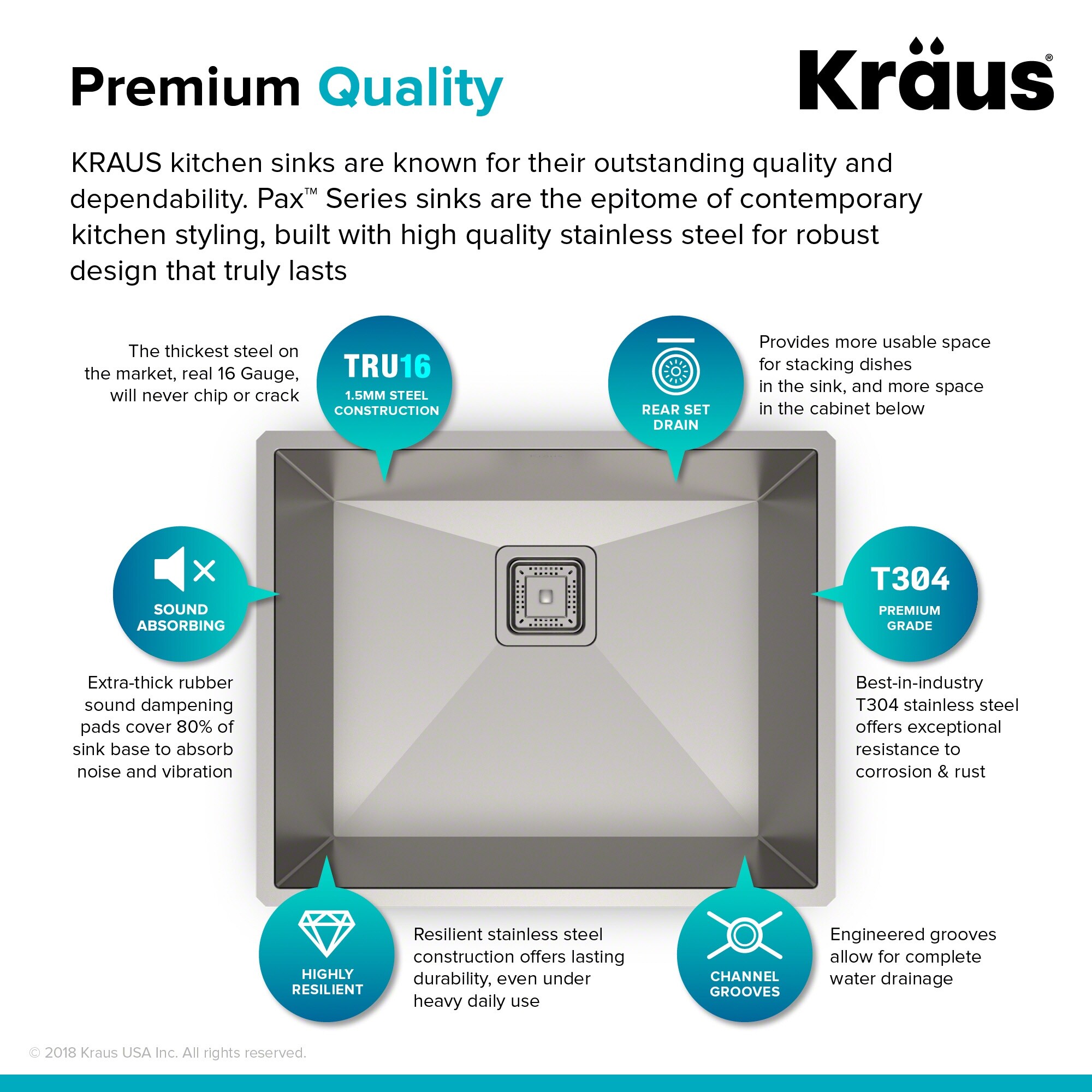 KRAUS Pax Stainless Steel 22 1/2 inch 1-Bowl Undermount Kitchen Sink