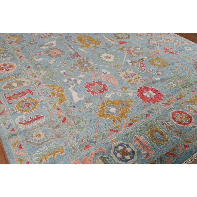 All-Over Blue Oushak Oriental Area Rug Hand-Knotted Wool Carpet - 9'2"x 11'11"