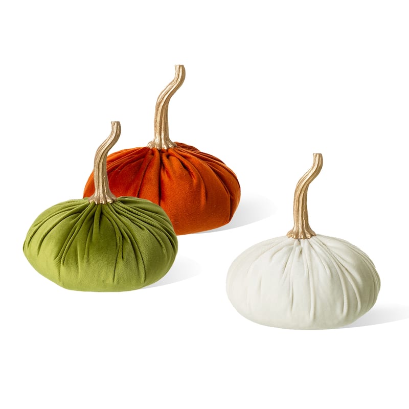 Glitzhome Set of 3 Orange White Green Fall Harvest Velvet Pumpkins Thanksgiving Centerpiece