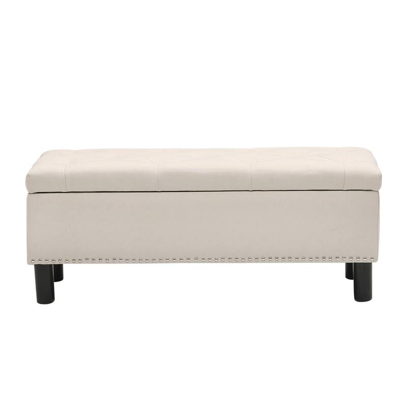 Upholstered Storage Ottoman Bench with Wood Legs and High-density Resilient Sponge
