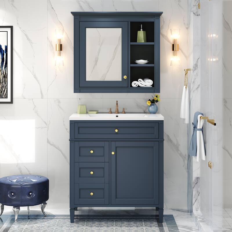 GDFStudio - Ravensden Modern Freestanding Bathroom Vanity Set with Ceramic Sink and Mirror Cabinet with a Tip-out Drawer - 30'W