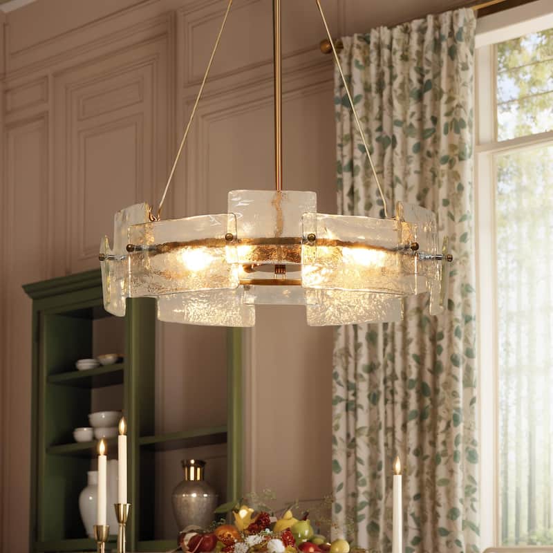 Modern 6-Light Gold Drum Chandelier Textured Glass Pendant Lights for Dining Room - 20.5"D x 24"H