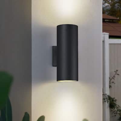 Black Integrated LED Outdoor/Indoor Cylinder Wall Sconce Light- D4.3" x E6.8" x H11" - 11''H
