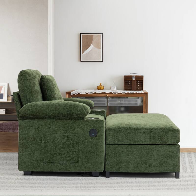 Modern Oversized Chair with Ottoman,Chenille Fabric Sofa Bed,Accent Chair Comfy Sofa with Cupholders and USB Charging Ports