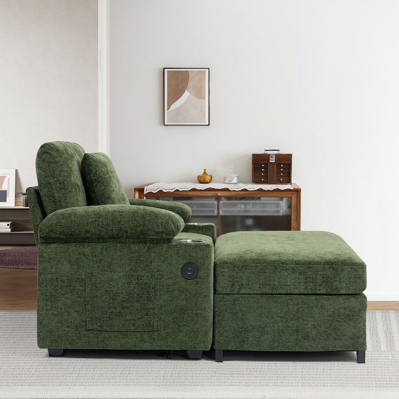 Modern Oversized Chaise Lounge Chair with Ottoman, Chenille Fabric Sofa Bed, Single Accent Chair with Cupholders, USB Ports