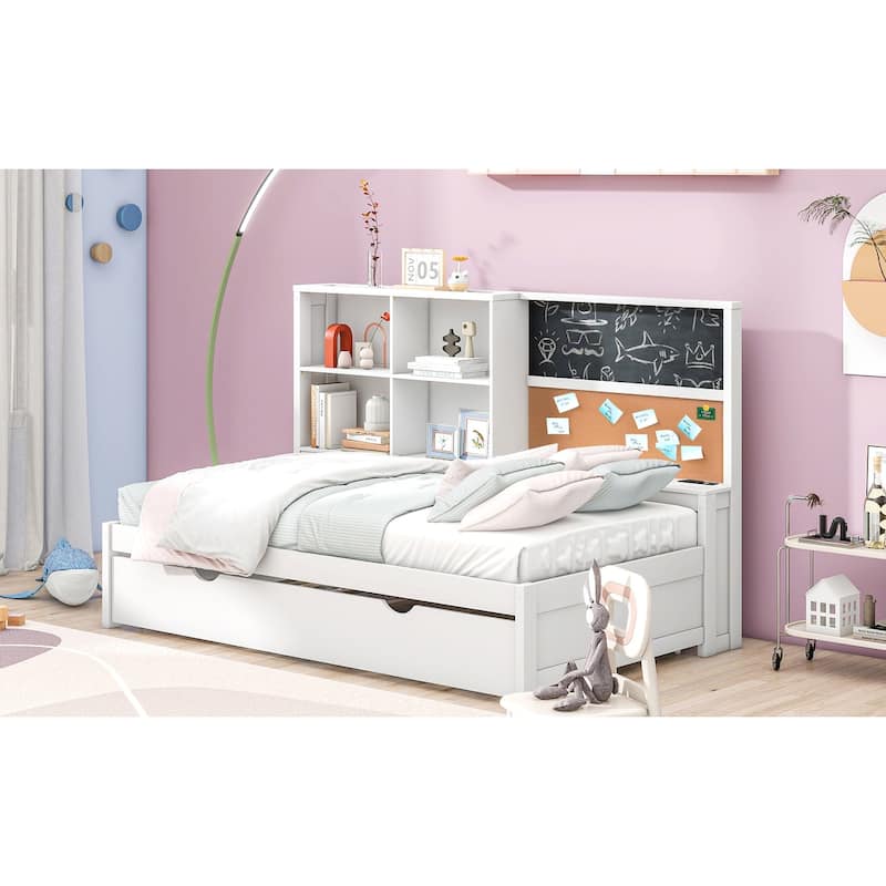Daybed with Storage Shelves, Blackboard, Cork board, USB Ports and Trundle