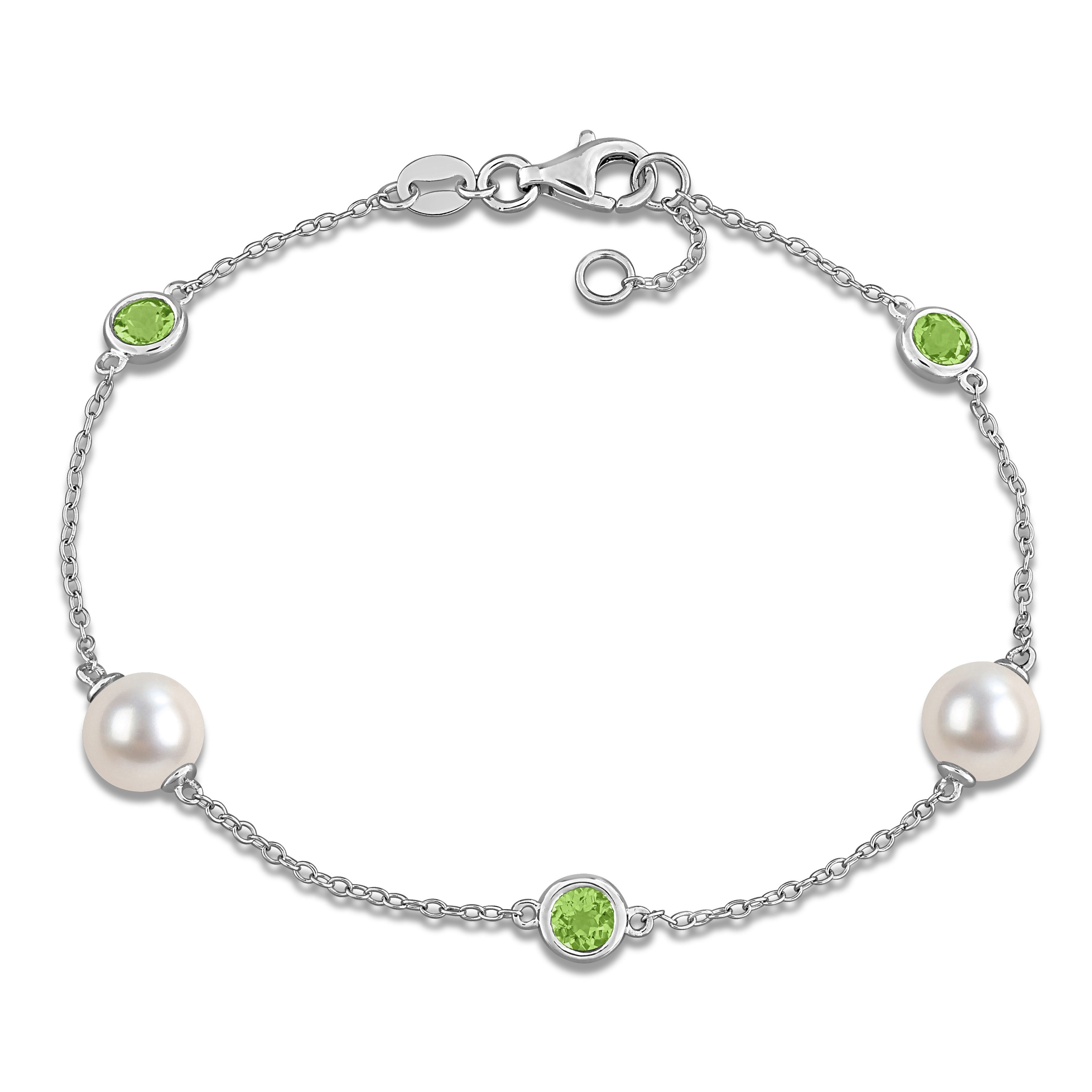 Miadora Cultured Freshwater Pearl and Gemstone Station Bracelet Sterling Silver