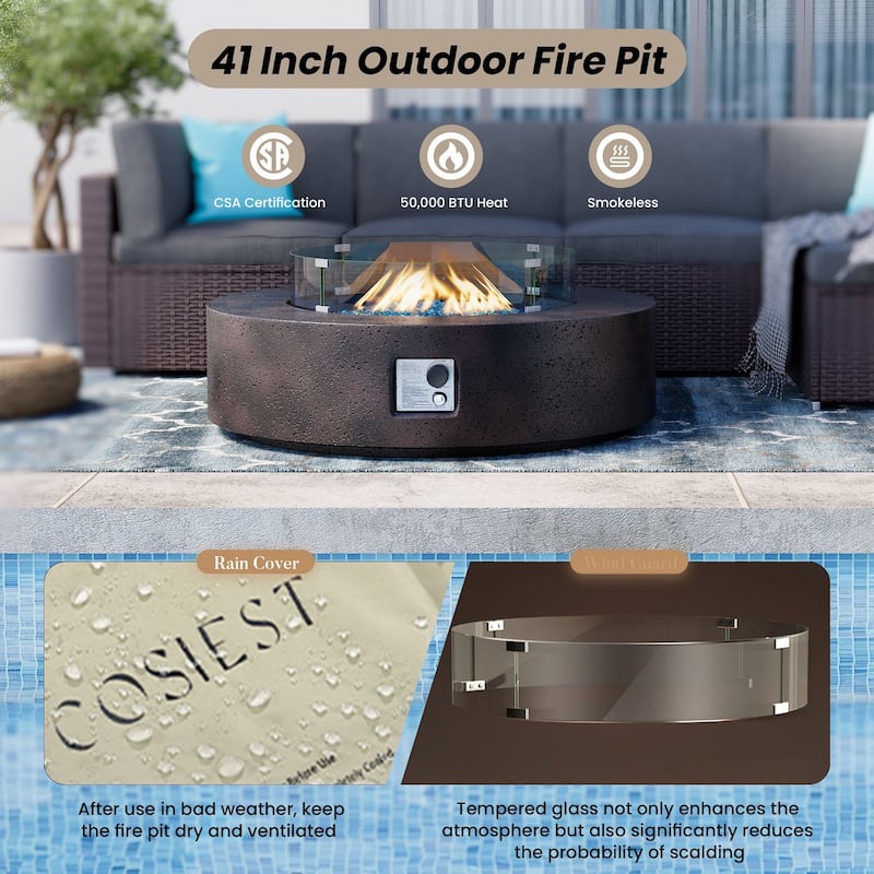 SUNBURY 42''Round Propane Fire Pit w Wind Guard and Fire Glass