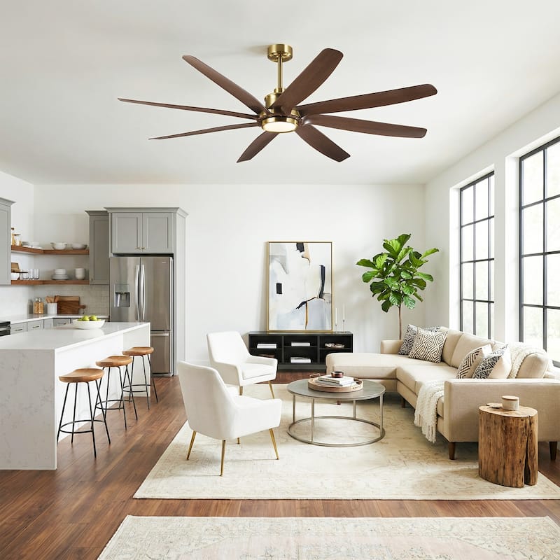 72" Gold Transitional Walnut 8 ABS Blades Propeller Ceiling Fan with Dimmable LED Light and Remote Control, DC Motor