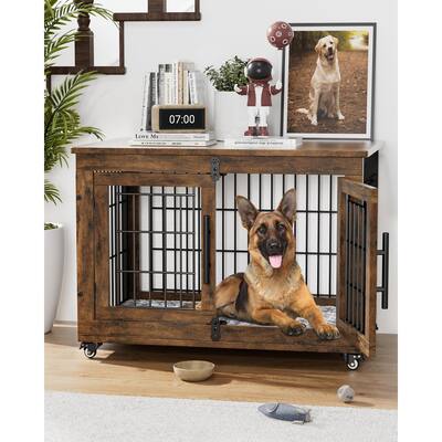 Dog Crate Furniture with Cushion Double Doors Wooden Dog Kennel