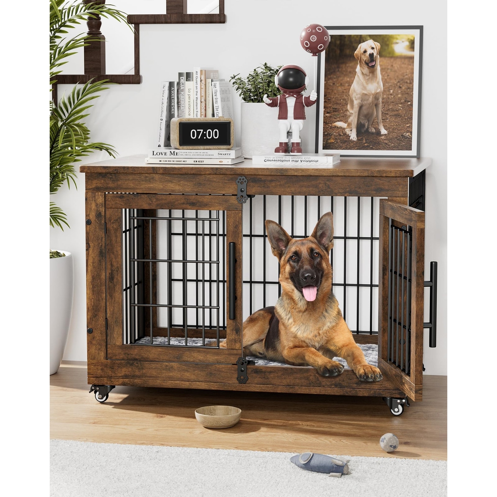 Dog Crate Furniture with Cushion Double Doors Wooden Dog Kennel