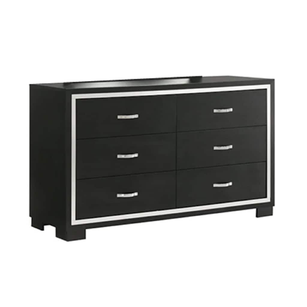 Geny 2pc Dresser and Mirror Set, 6 Drawers, Silver Trim, Black Wood