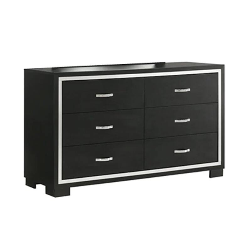 Geny 2pc Dresser and Mirror Set, 6 Drawers, Silver Trim, Black Wood