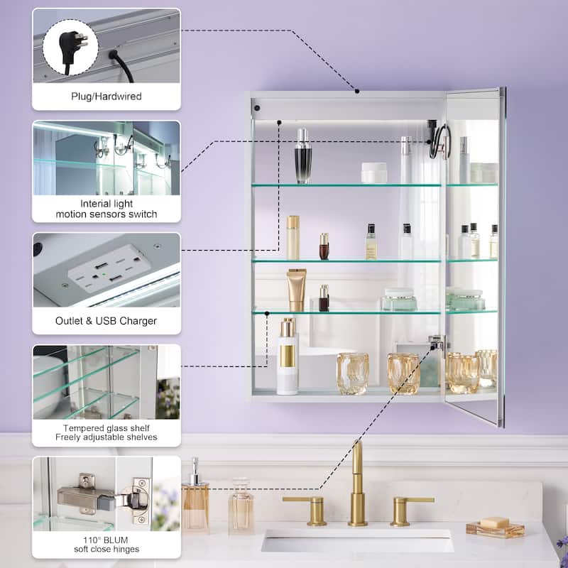 Recessed or Surface 30" H LED Mirror Cabinet with Adjustable Glass Shelves,Defogger, Dimmer And Outlets & USB Ports